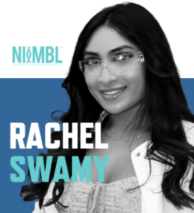Picture of Rachel Swamy in a lab coat with the NIIMBL logo